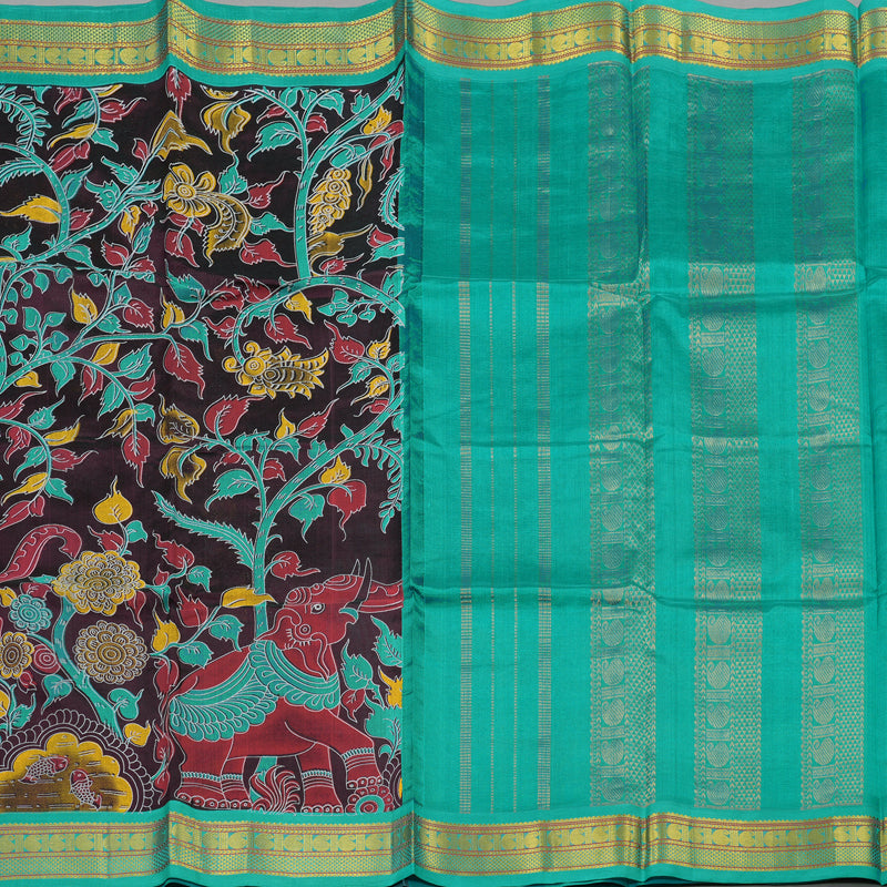 Hayagrivas Handloom Printed Silk Cotton Saree In Wine Purple with Sea Blue HBE184E1-1