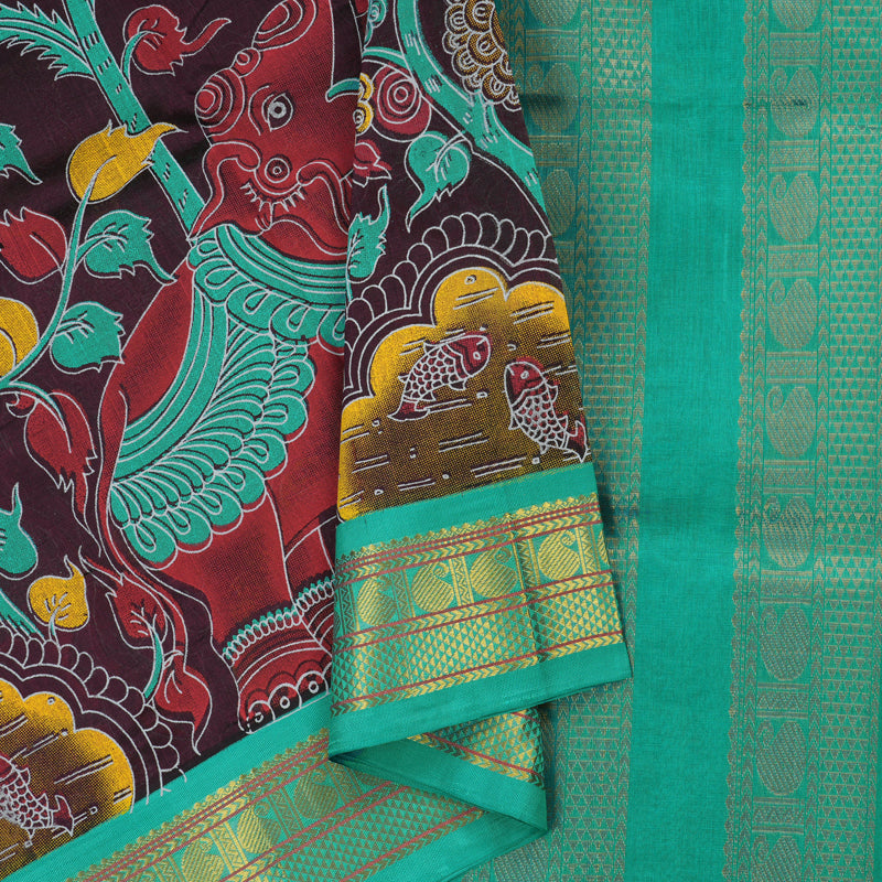 Hayagrivas Handloom Printed Silk Cotton Saree In Wine Purple with Sea Blue HBE184E1-1