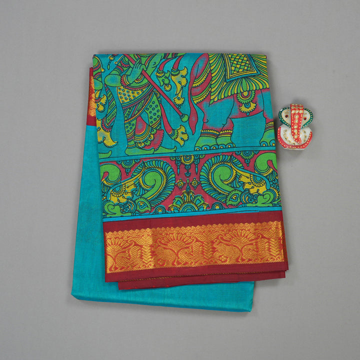 Hayagrivas Pure Printed Silk Cotton Saree in Rama Blue with Maroon HBE184E1-11