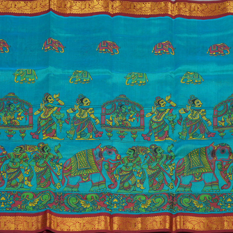 Hayagrivas Pure Printed Silk Cotton Saree in Rama Blue with Maroon HBE184E1-11