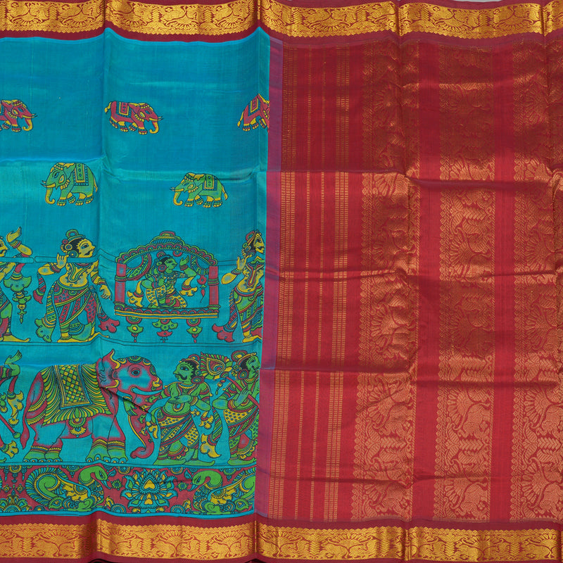 Hayagrivas Pure Printed Silk Cotton Saree in Rama Blue with Maroon HBE184E1-11