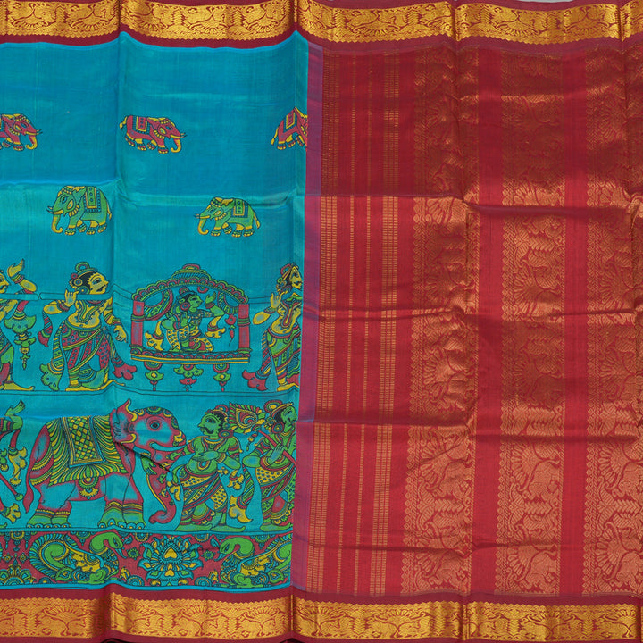 Hayagrivas Pure Printed Silk Cotton Saree in Rama Blue with Maroon HBE184E1-11