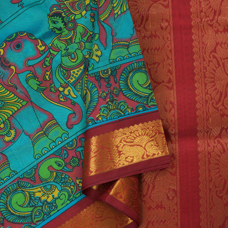 Hayagrivas Pure Printed Silk Cotton Saree in Rama Blue with Maroon HBE184E1-11