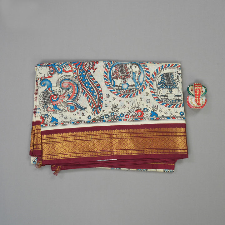 Hayagrivas Pure Printed Silk Cotton Saree in Sandal with Maroon HBE184E1-12