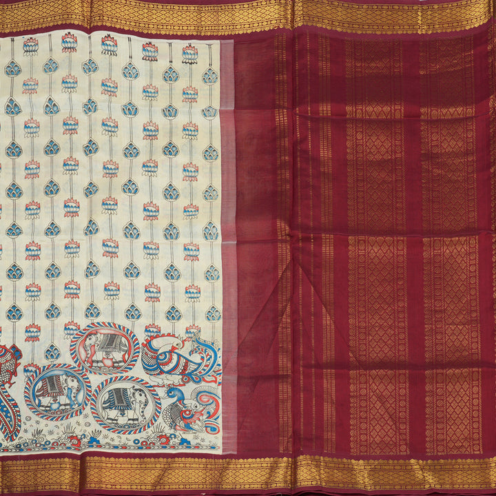 Hayagrivas Pure Printed Silk Cotton Saree in Sandal with Maroon HBE184E1-12