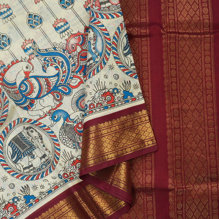 Hayagrivas Pure Printed Silk Cotton Saree in Sandal with Maroon HBE184E1-12