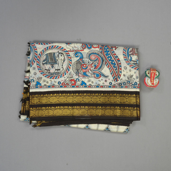 Hayagrivas Handloom Printed Silk cotton saree in White with Dark brown HBE184E1-13