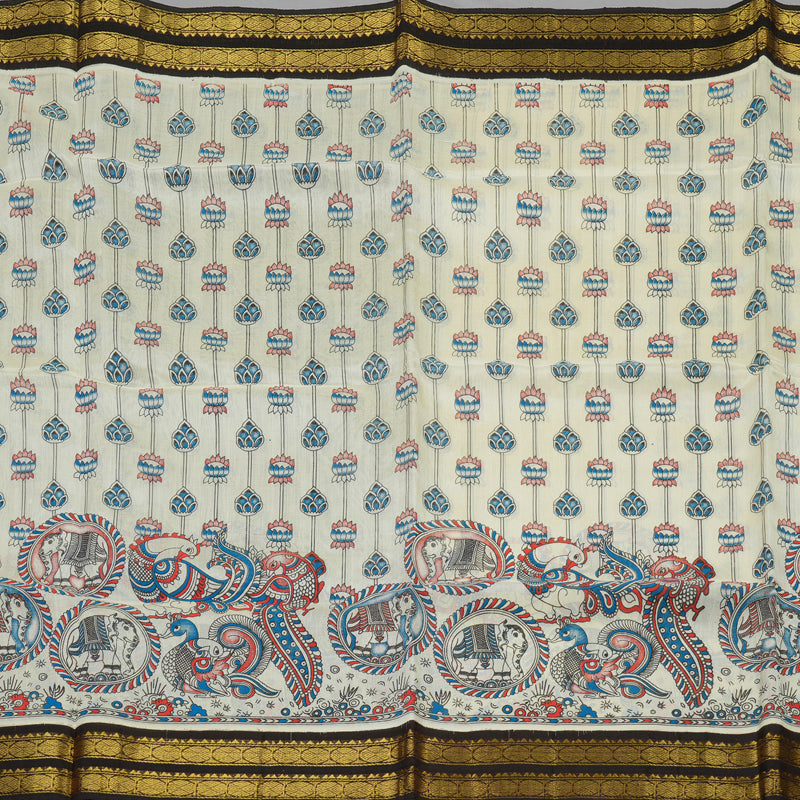 Hayagrivas Handloom Printed Silk cotton saree in White with Dark brown HBE184E1-13