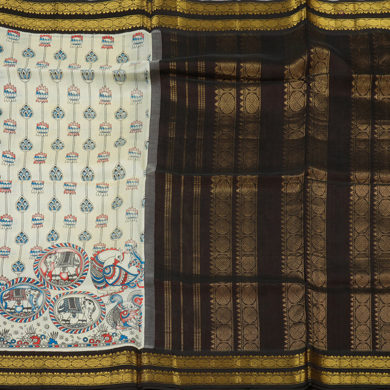 Hayagrivas Handloom Printed Silk cotton saree in White with Dark brown HBE184E1-13