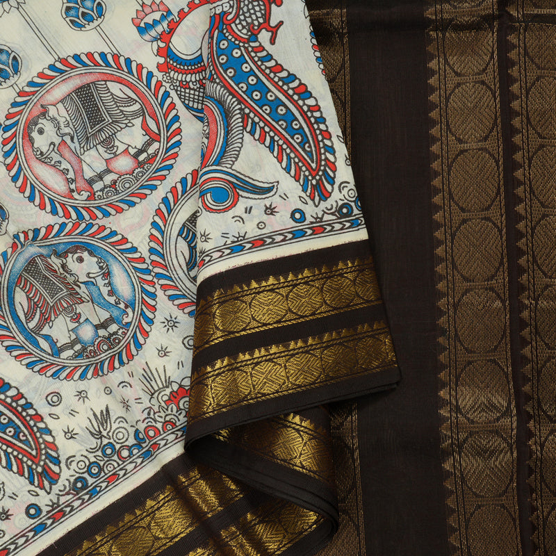 Hayagrivas Handloom Printed Silk cotton saree in White with Dark brown HBE184E1-13