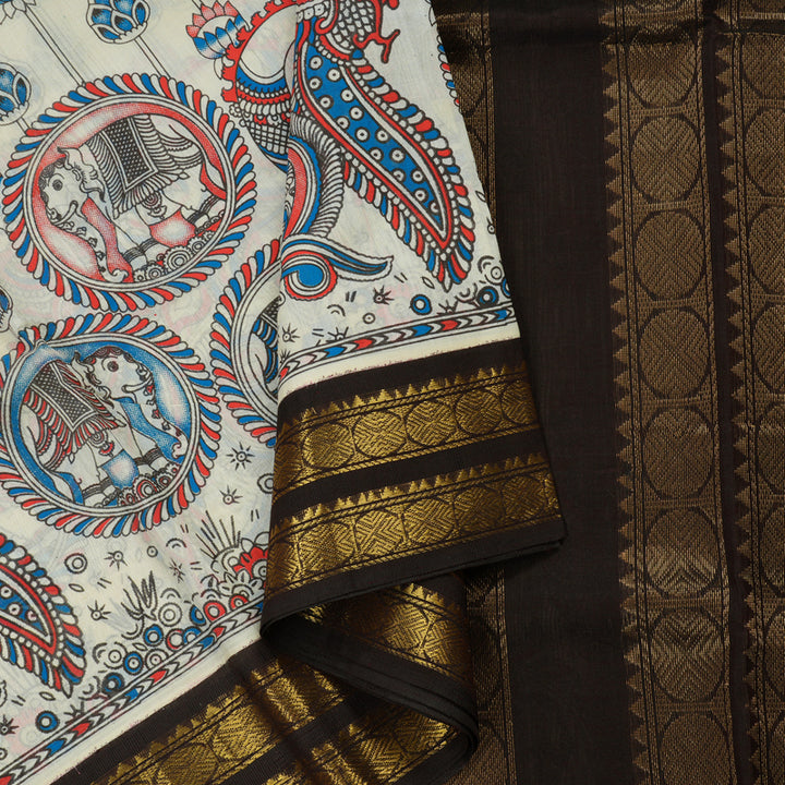 Hayagrivas Handloom Printed Silk cotton saree in White with Dark brown HBE184E1-13