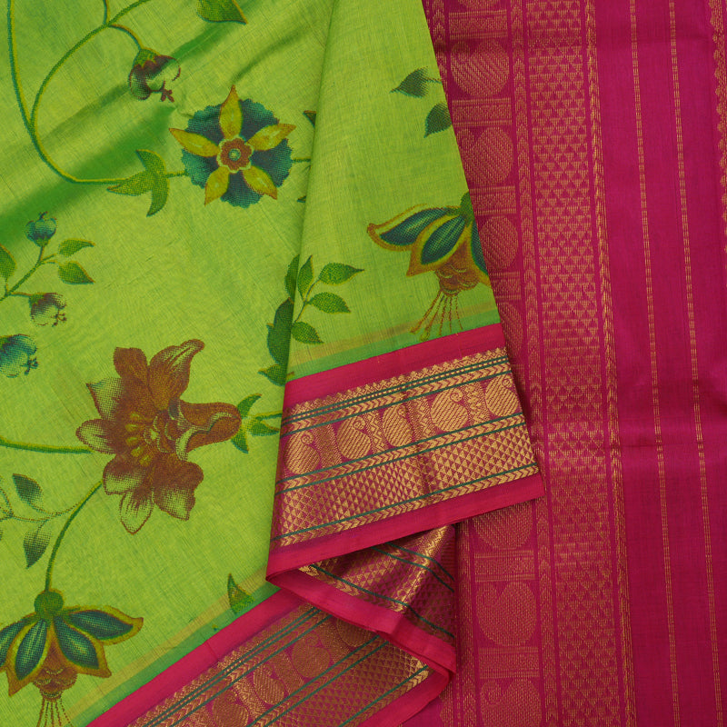 Hayagrivas Light Green Pure Silk Cotton Saree with Pink Border HBE184E1-2