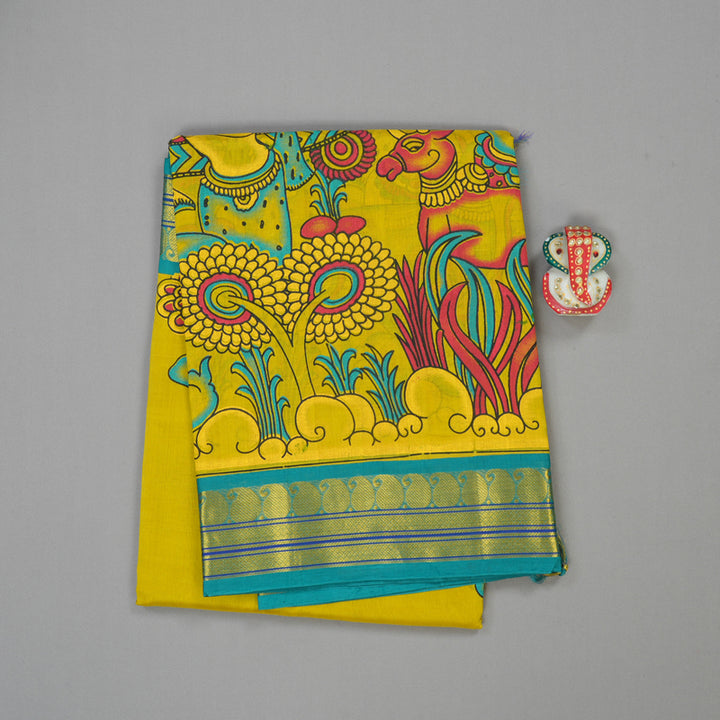 Hayagrivas Pure Printed Silk Cotton Saree in Lemon Yellow with Sea Green HBE184E1-3