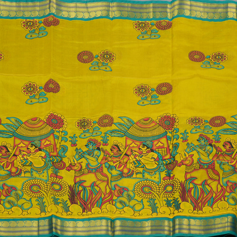 Hayagrivas Pure Printed Silk Cotton Saree in Lemon Yellow with Sea Green HBE184E1-3