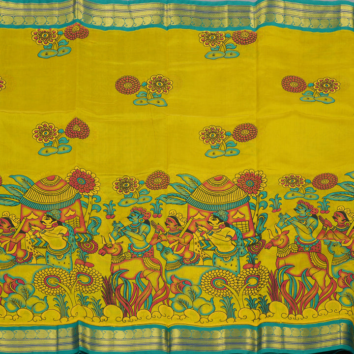 Hayagrivas Pure Printed Silk Cotton Saree in Lemon Yellow with Sea Green HBE184E1-3