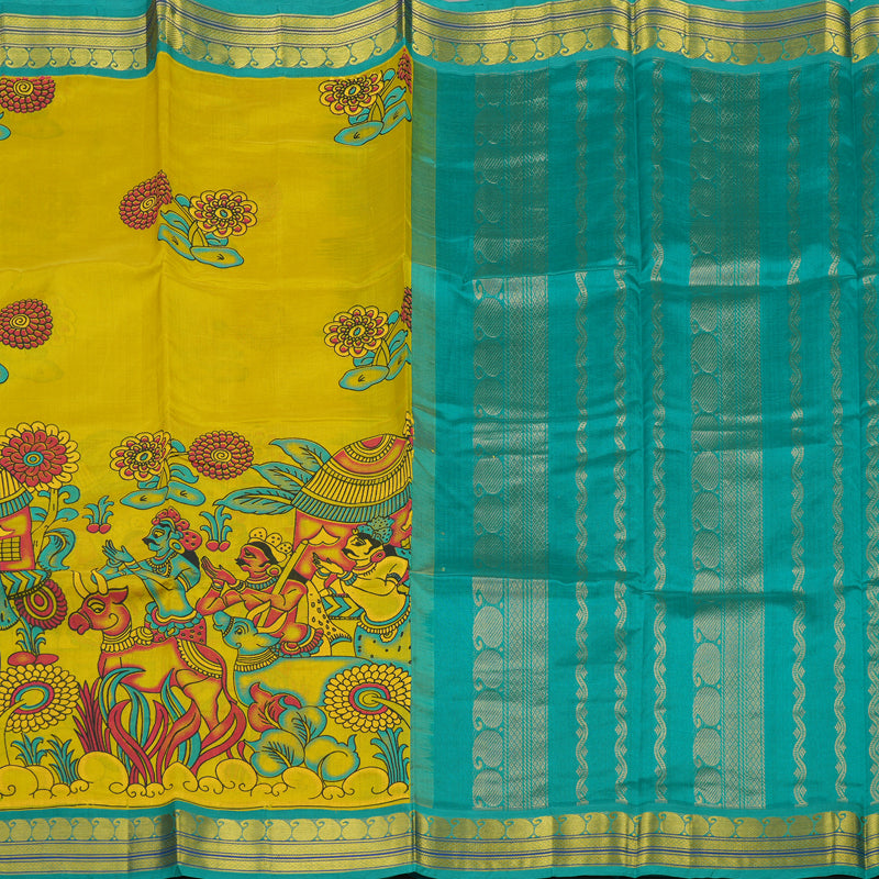 Hayagrivas Pure Printed Silk Cotton Saree in Lemon Yellow with Sea Green HBE184E1-3