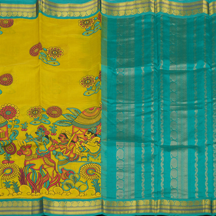 Hayagrivas Pure Printed Silk Cotton Saree in Lemon Yellow with Sea Green HBE184E1-3