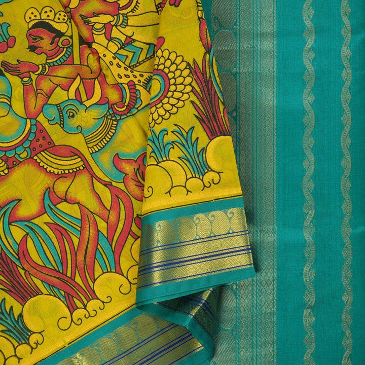 Hayagrivas Pure Printed Silk Cotton Saree in Lemon Yellow with Sea Green HBE184E1-3