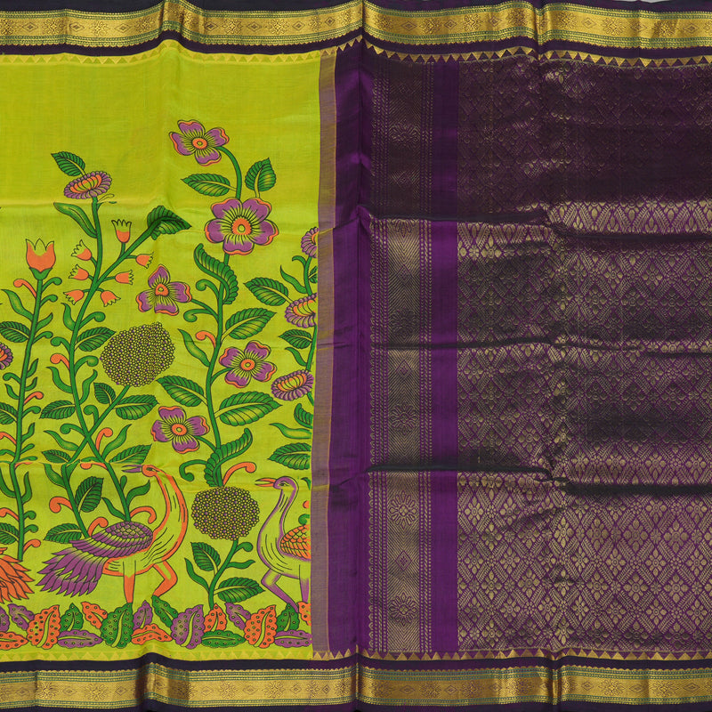 Hayagrivas Handloom Kanjivaram silk cotton saree in Lemon green with purple HBE184E1-4
