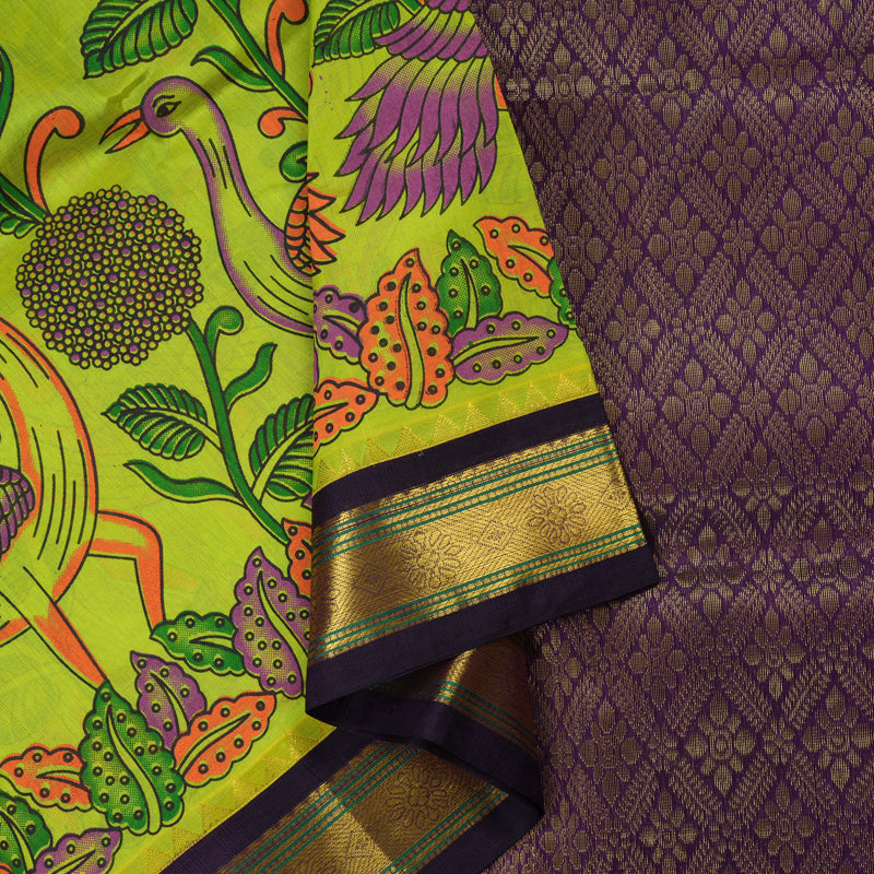 Hayagrivas Handloom Kanjivaram silk cotton saree in Lemon green with purple HBE184E1-4