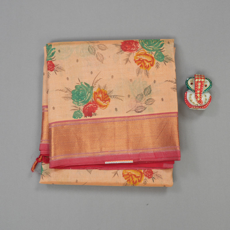 Hayagrivas Pure Printed Silk Cotton Saree in Peach Orange with Red HBE233F1-1