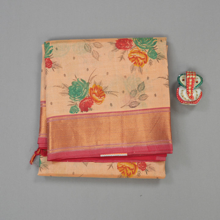 Hayagrivas Pure Printed Silk Cotton Saree in Peach Orange with Red HBE233F1-1
