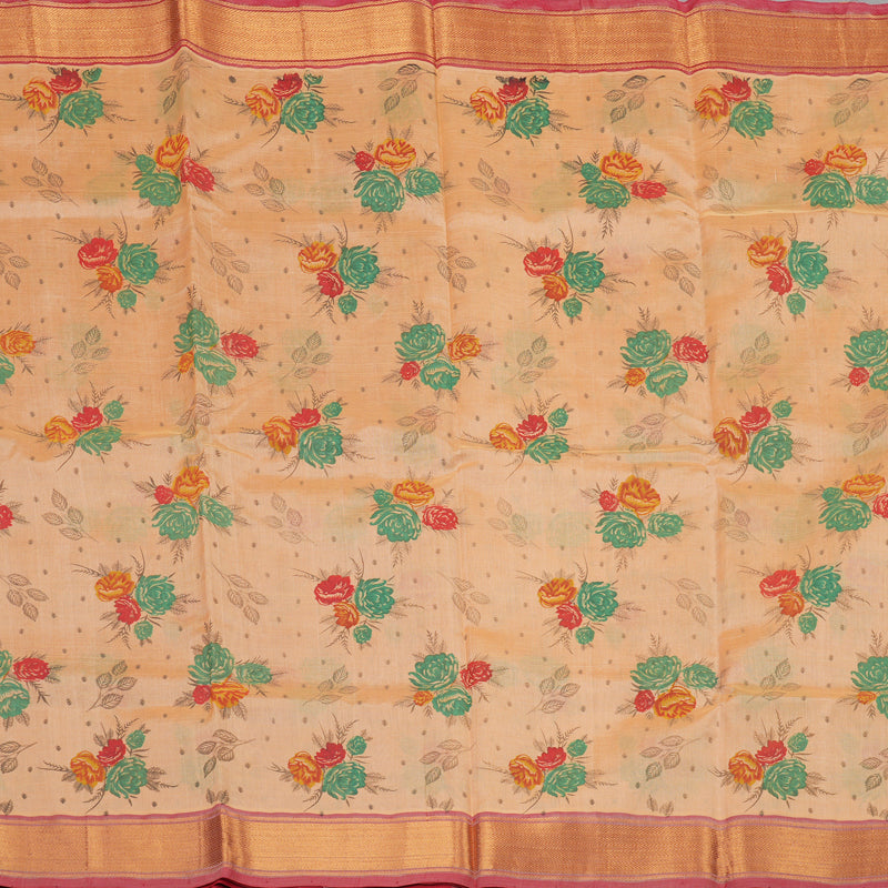 Hayagrivas Pure Printed Silk Cotton Saree in Peach Orange with Red HBE233F1-1