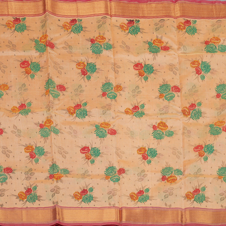 Hayagrivas Pure Printed Silk Cotton Saree in Peach Orange with Red HBE233F1-1