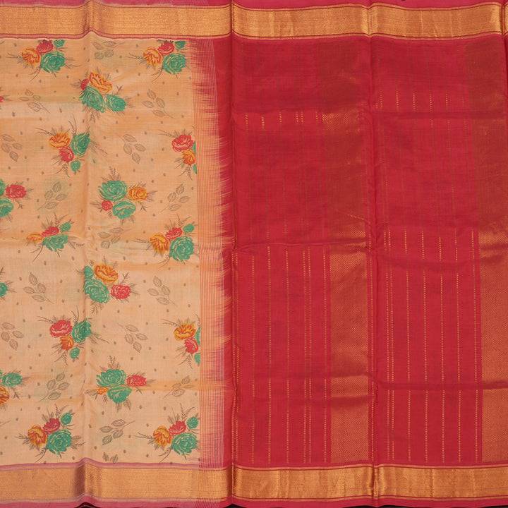 Hayagrivas Pure Printed Silk Cotton Saree in Peach Orange with Red HBE233F1-1