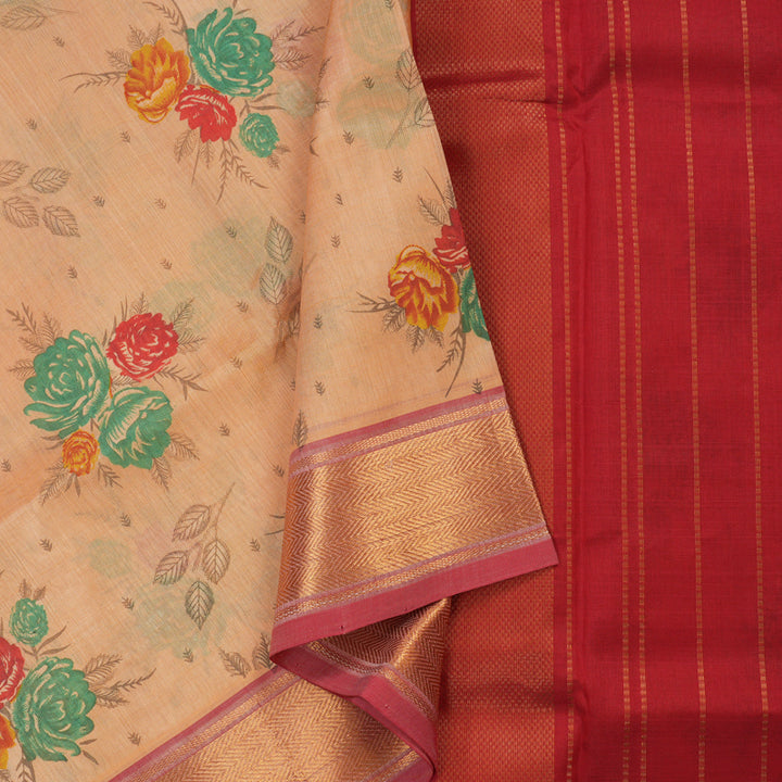 Hayagrivas Pure Printed Silk Cotton Saree in Peach Orange with Red HBE233F1-1
