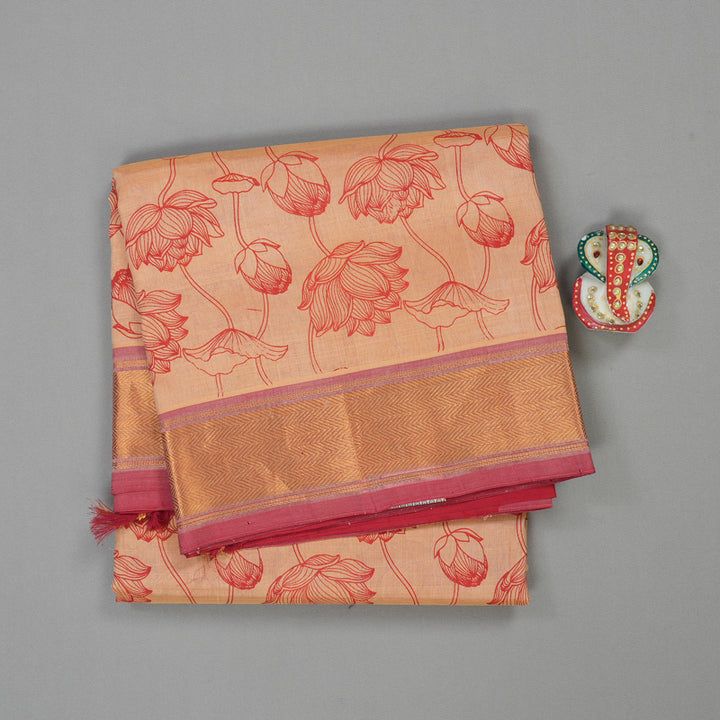 Hayagrivas Handloom Printed Silk Cotton Saree In Peach Orange with Red HBE233F1-3