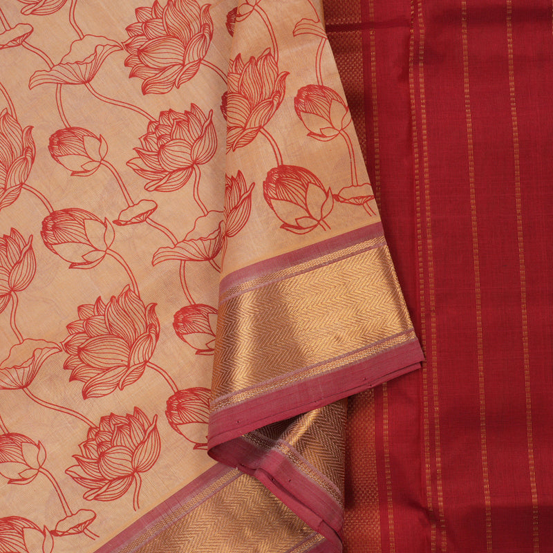 Hayagrivas Handloom Printed Silk Cotton Saree In Peach Orange with Red HBE233F1-3