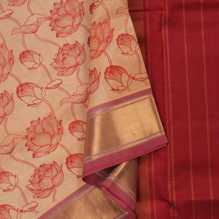 Hayagrivas Handloom Printed Silk Cotton Saree In Peach Orange with Red HBE233F1-3