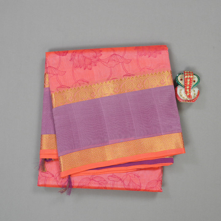 Hayagrivas Pure Silk Cotton Saree in Peach Orange with Purple Ganga Jamuna HBE233F2-1