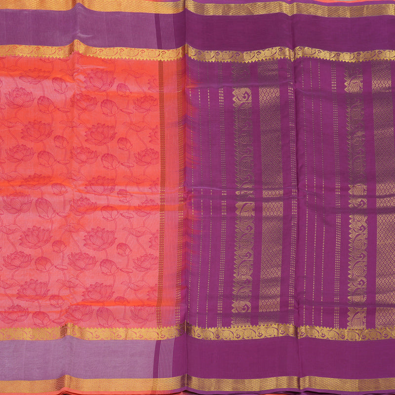 Hayagrivas Pure Silk Cotton Saree in Peach Orange with Purple Ganga Jamuna HBE233F2-1