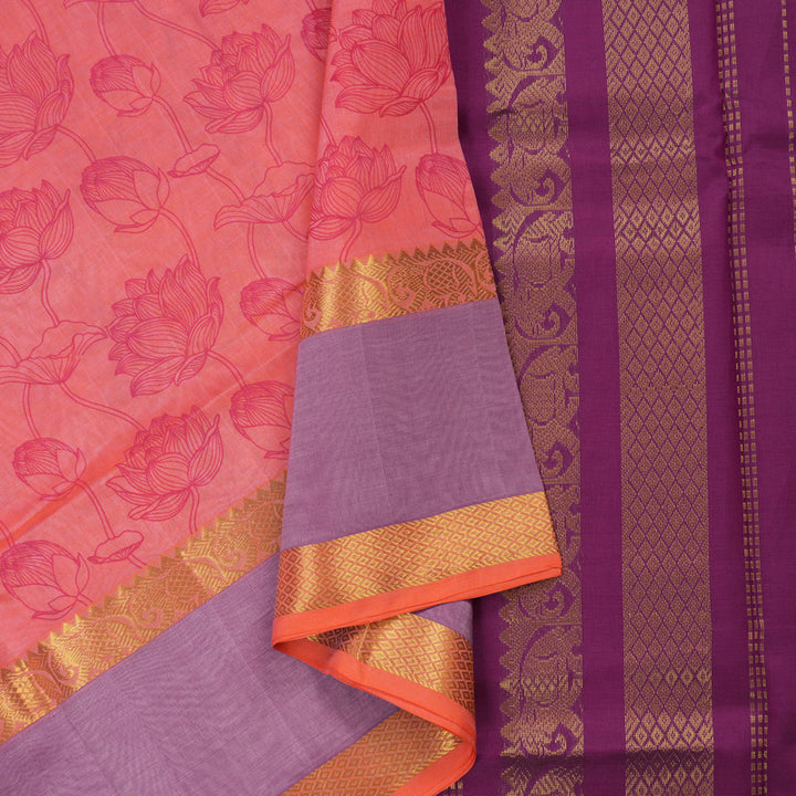 Hayagrivas Pure Silk Cotton Saree in Peach Orange with Purple Ganga Jamuna HBE233F2-1