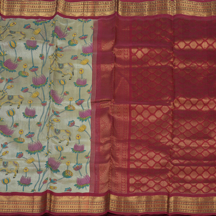 Hayagrivas Handloom Printed Silk cotton saree in Light Grey with Maroon HBE233F3-5