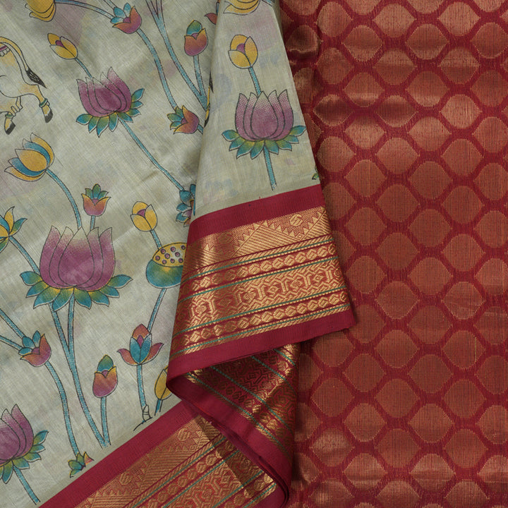 Hayagrivas Handloom Printed Silk cotton saree in Light Grey with Maroon HBE233F3-5