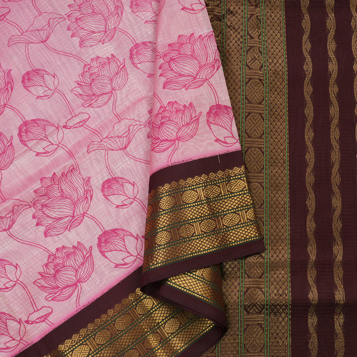 Hayagrivas Handloom Pure Printed Silk Cotton Saree in delicate Baby Pink with Wine Purple  HBE233F3-7