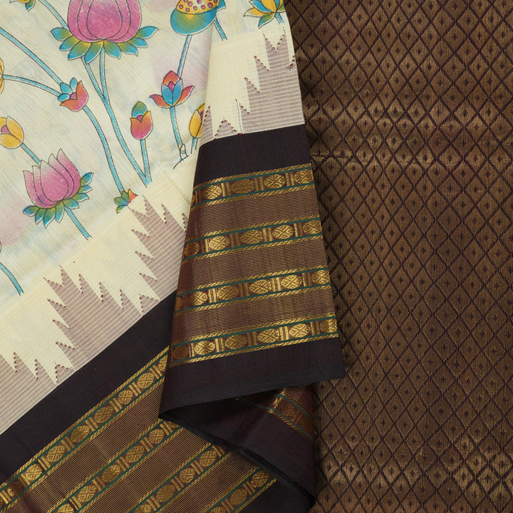 Hayagrivas Handloom Pure Printed Silk Cotton in Delicate Half white with Wine purple HBE233F4-1