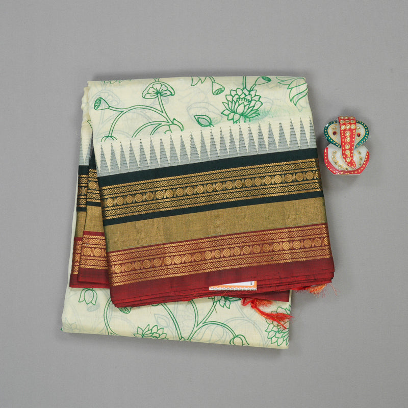 Hayagrivas Handloom Pure Printed Silk Cotton Saree In Half White with Bottle Green HBE233F4-2