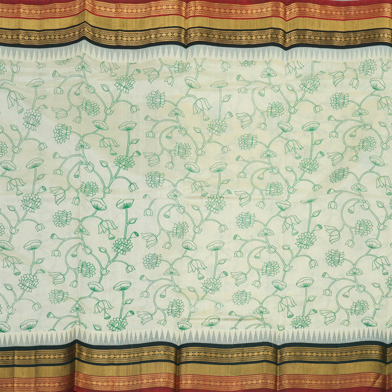 Hayagrivas Handloom Pure Printed Silk Cotton Saree In Half White with Bottle Green HBE233F4-2