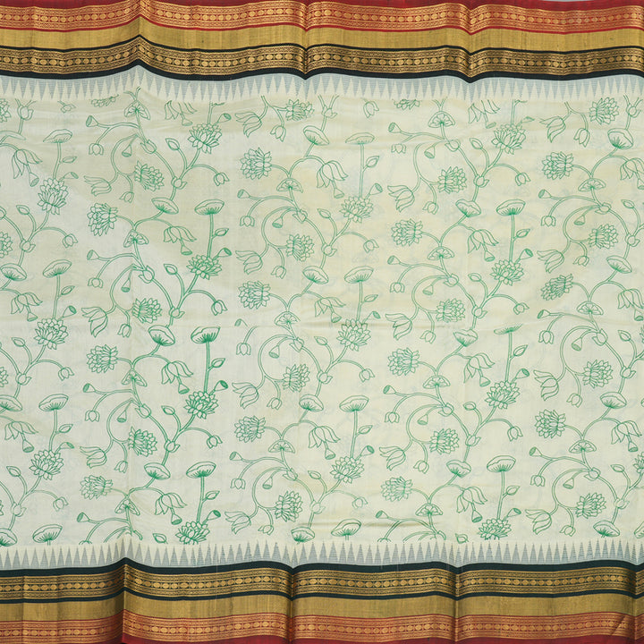 Hayagrivas Handloom Pure Printed Silk Cotton Saree In Half White with Bottle Green HBE233F4-2