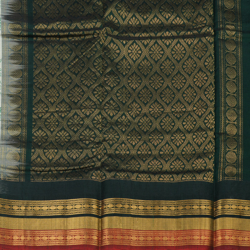 Hayagrivas Handloom Pure Printed Silk Cotton Saree In Half White with Bottle Green HBE233F4-2