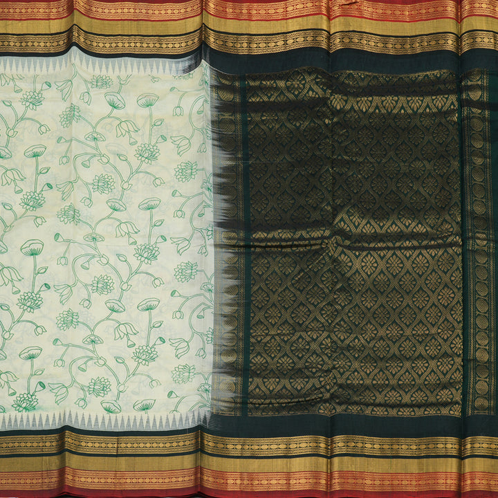 Hayagrivas Handloom Pure Printed Silk Cotton Saree In Half White with Bottle Green HBE233F4-2