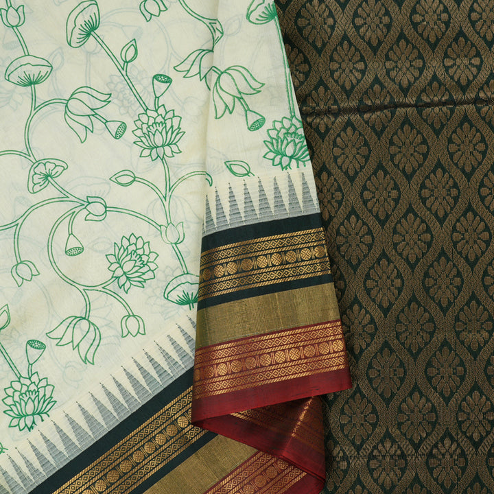 Hayagrivas Handloom Pure Printed Silk Cotton Saree In Half White with Bottle Green HBE233F4-2