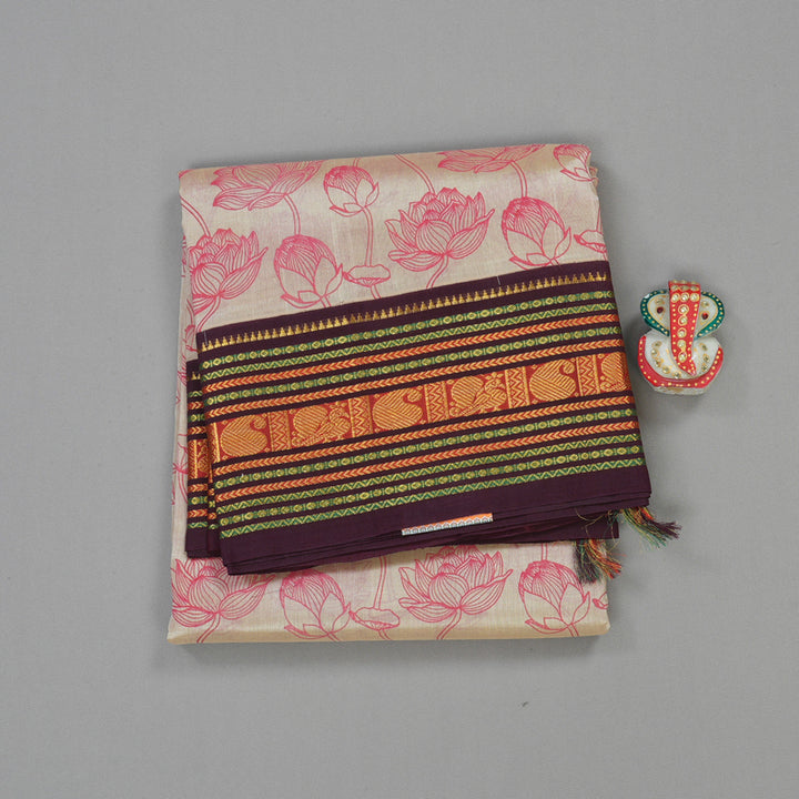 Hayagrivas Pure printed Silk Cotton Saree in subtle Beige with Wine Purple HBE233F5-1