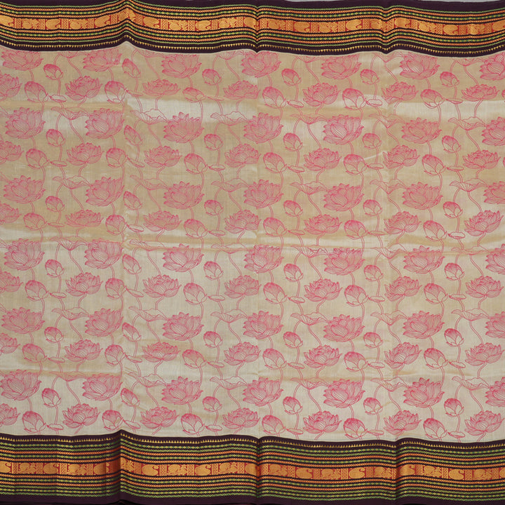 Hayagrivas Pure printed Silk Cotton Saree in subtle Beige with Wine Purple HBE233F5-1
