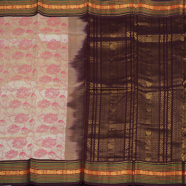 Hayagrivas Pure printed Silk Cotton Saree in subtle Beige with Wine Purple HBE233F5-1