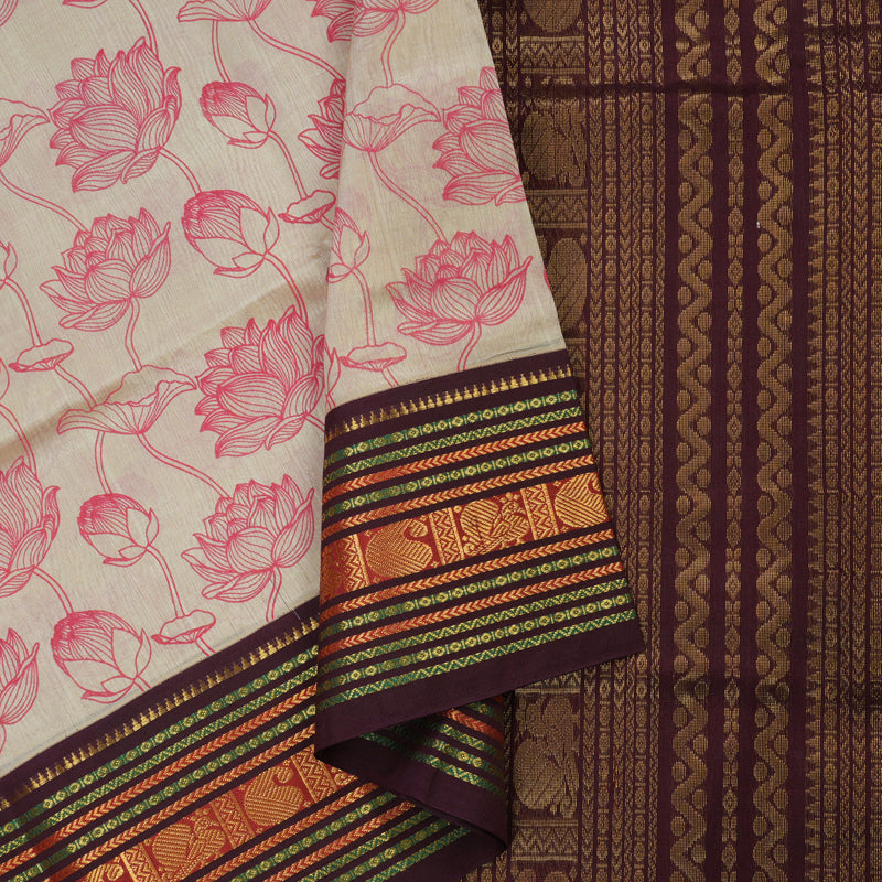 Hayagrivas Pure printed Silk Cotton Saree in subtle Beige with Wine Purple HBE233F5-1